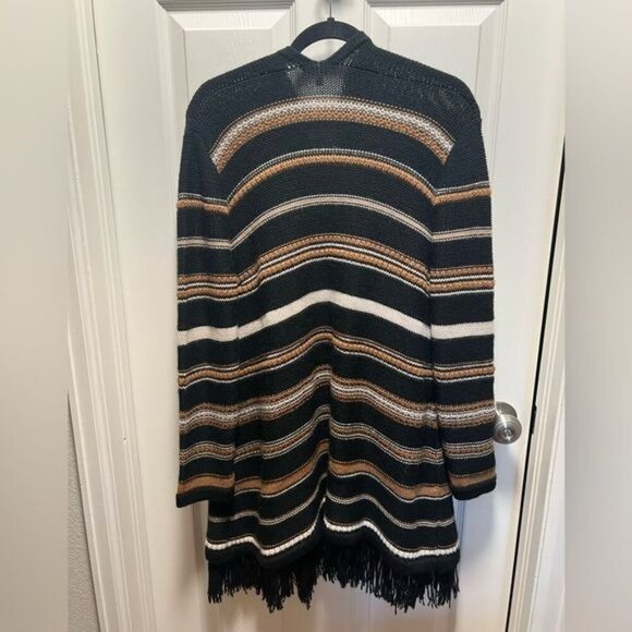 Johnny Was | Ada Striped Open Front Alpaca Wool Cardigan Sz M Brown Black Fringe - Picture 4 of 7